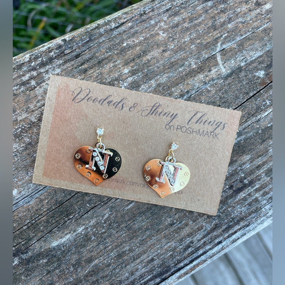 “N” Initial Heart Earrings